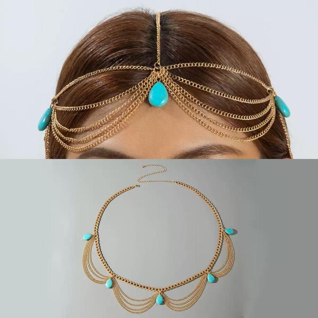 New Fashion Bohemia Pearl Turquoise Sequin Tassels Multi-layer Hair Chain for Women Bride Rhinestone Forehead Chain Hair Jewelry