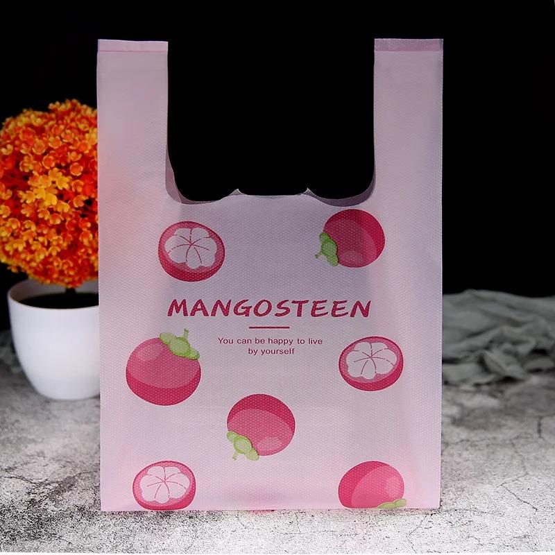 50pcs Disposable Peach Fruit Pattern Hand Bag Packaged Flower Takeaway Bags Snack Double Ear Plastic Vest Handle Shopping Pouch
