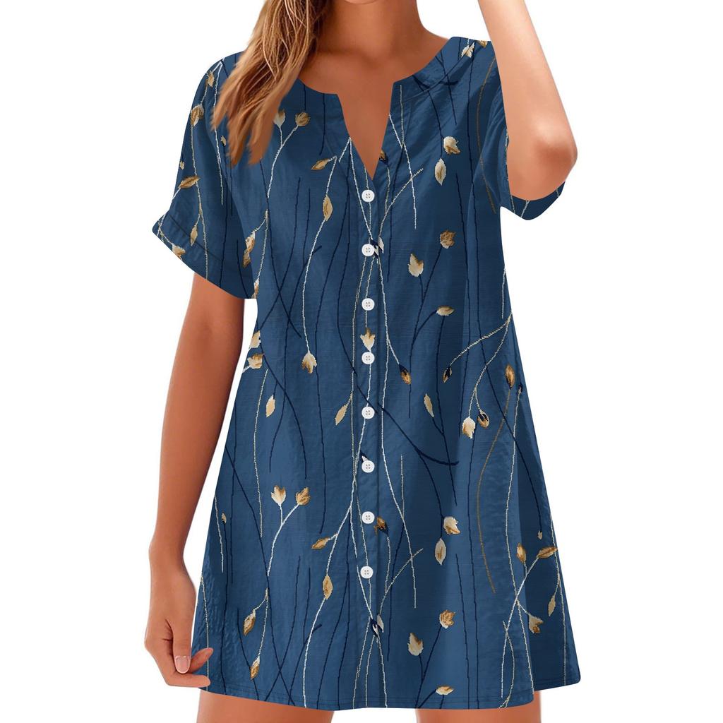 Women Fashion Casual V-neck Short Sleeve Button Retro Floral Print Dress