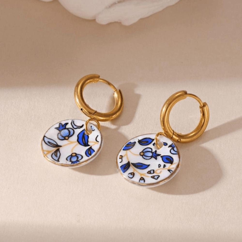 Chinese Style Blue and White Porcelain Earrings Gold Enamel Hoop Earrings  Jewelry Accessories
