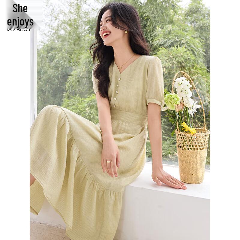 

Women s French V-Neck High-Waist Short Sleeve Mid-Length Dress M