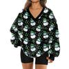 Women's Fashionable V-neck Christmas Printed Long Sleeved Casual Pullover Plush Warm Pocket Sweatshirt Top