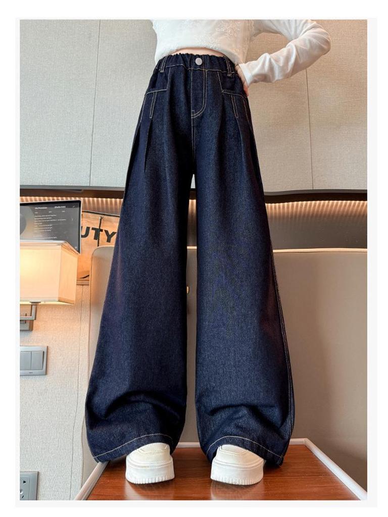 2025 Mädchen Dunkelblaue Weitbeinige Jeans mit Fleecefutter - Stilvolle Herbst-/Winterhose für Mittelschülerinnen