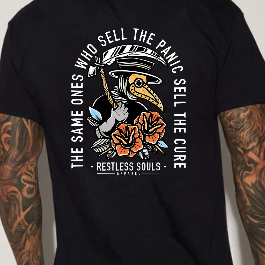 Men's Summer 100  Fashionable Casual Sports Loose Large Back Pattern Printed Round Neck Short Sleeve T-shirt Top