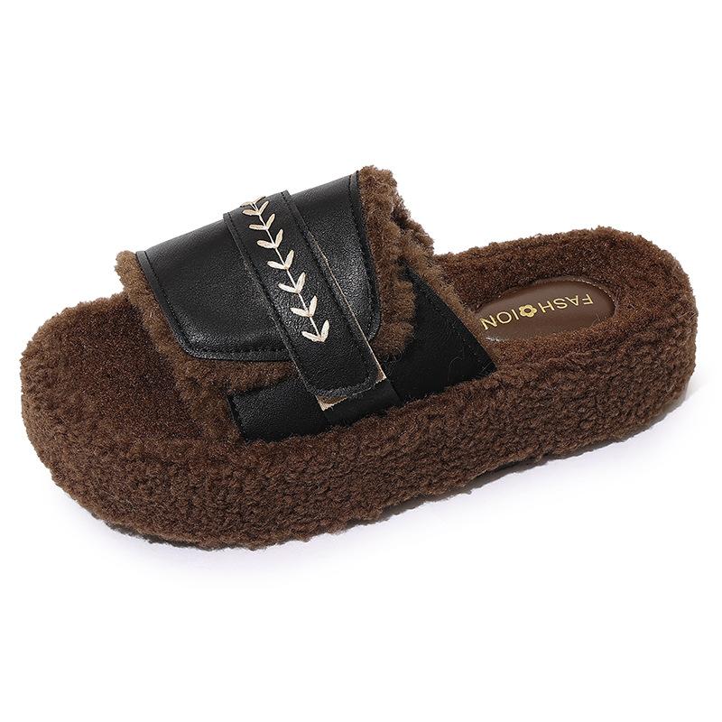 Retro outer wear thick-soled fluffy slippers women's 2025 new home outer wear one-word drag autumn and winter home cotton drag