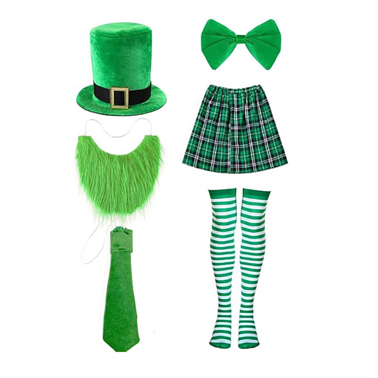 

Patrick s Day Bartender Costume Includes Hat Skirt Neck Tie Realistic Beard Striped Knee High Stocking for Men Cosplay B