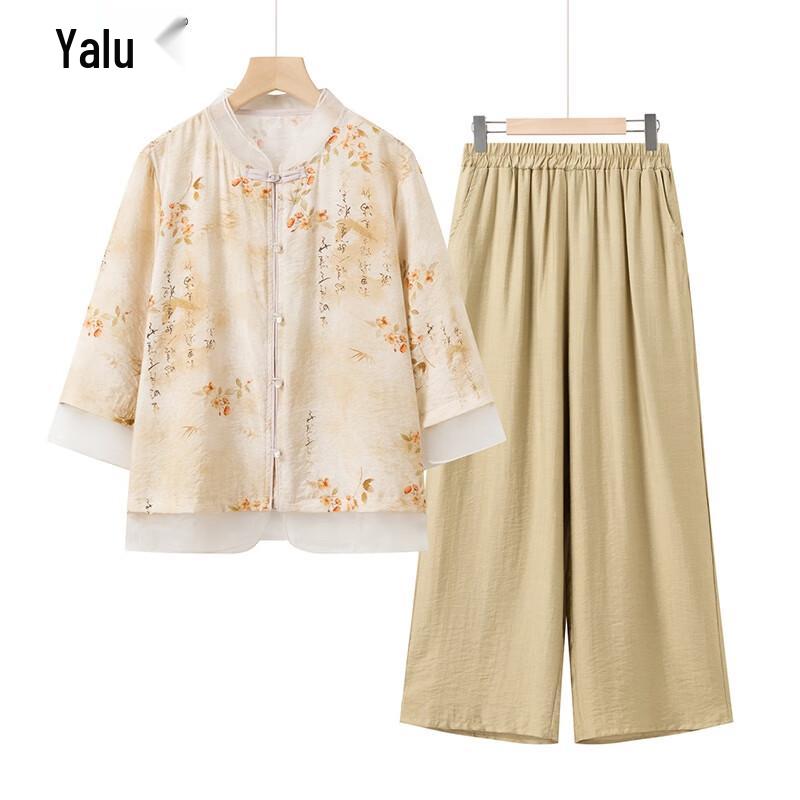Yalu Elegant Floral Two-Piece Summer Set for Middle-Aged Women 2XL (175)