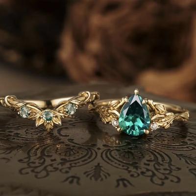 Huajie 2Pcs/set Retro Green Water Droplet Sparking Zirconia Rings for Women Luxury Gold Color Ring Sets  Fashion Tide