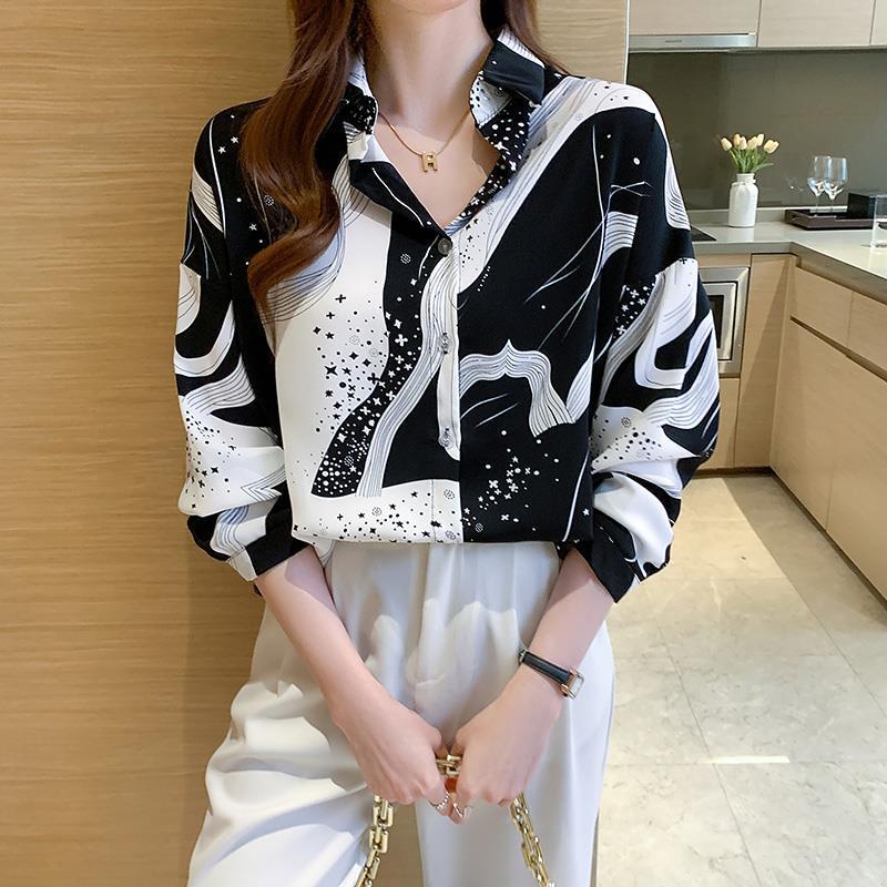 

Шикарный женский топ из шелкового шифона Mulberry в стиле ретро в стиле Гонконг с длинными рукавами и принтом Small чёрный