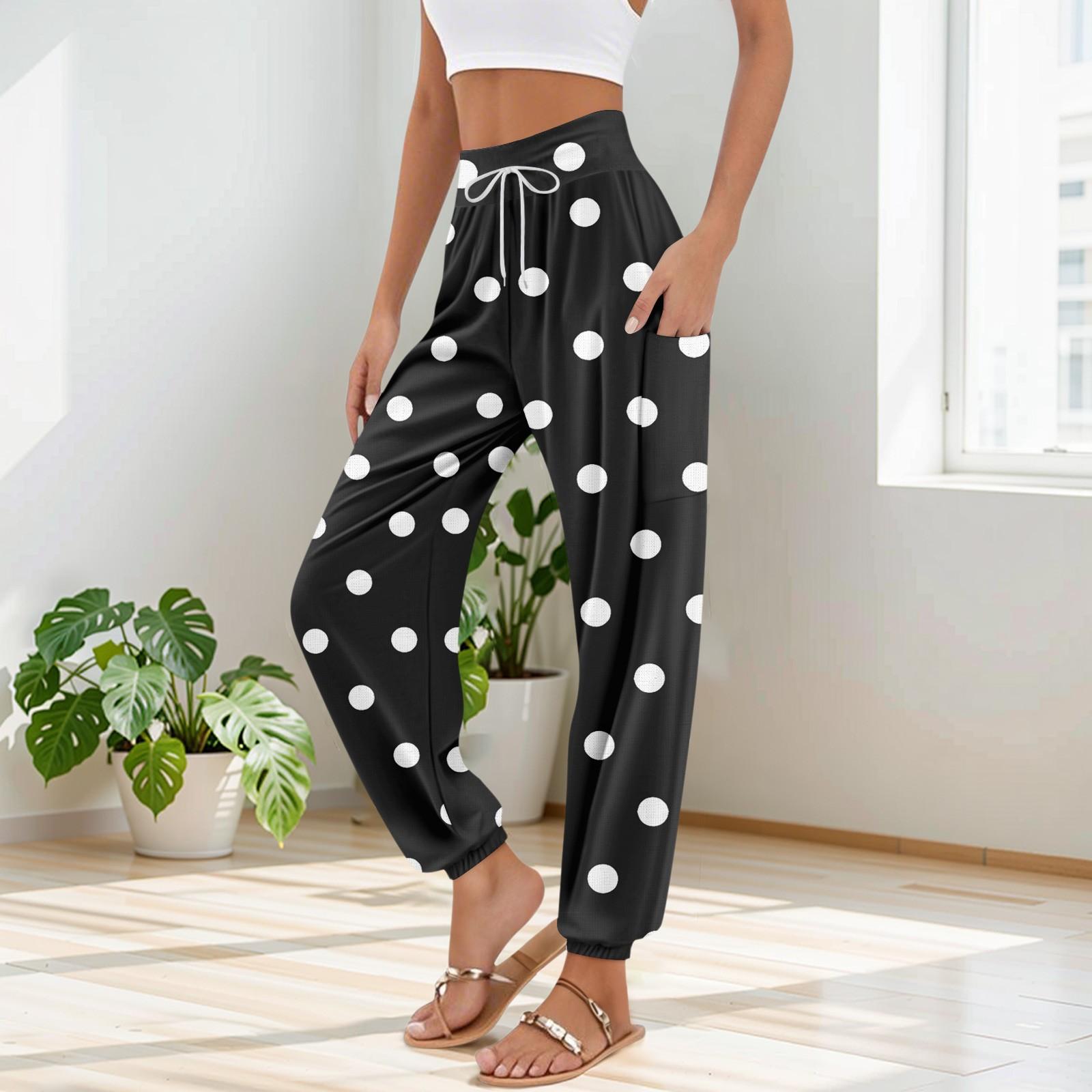 

Women s Pocket Drawstring Trousers High Waist Yoga Polka Dot Printed Casual Pants M