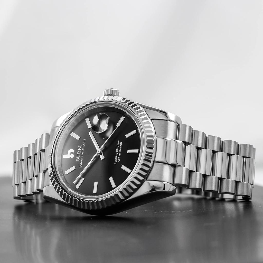 BUREI Men's Waterproof Quartz Analog Watch, Simple and Popular for Business and Fashion, Silver-Black Luminous Design, Perfect As a Birthday Gift