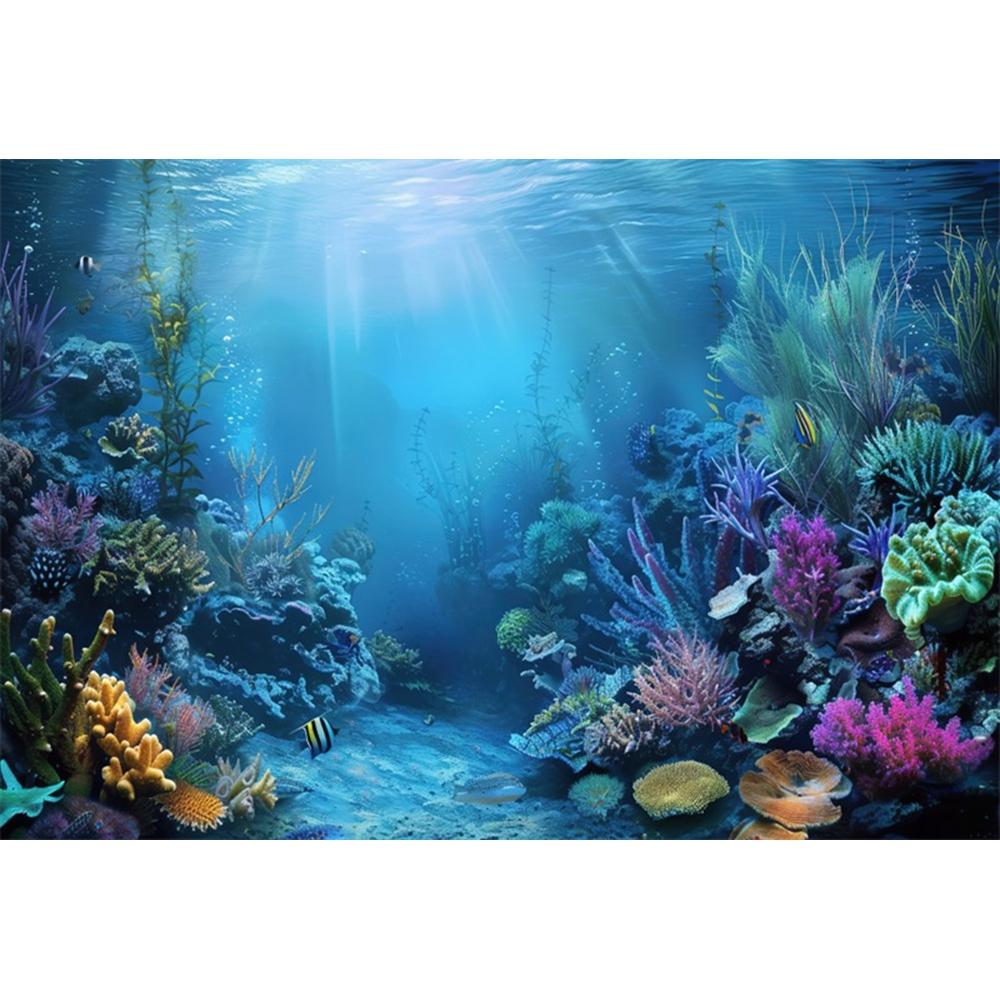 Blue Underwater World Photography Background Ocean Undersea Coral Castle Shells Kid Birthday Party Decor Portrait Photo Backdrop
