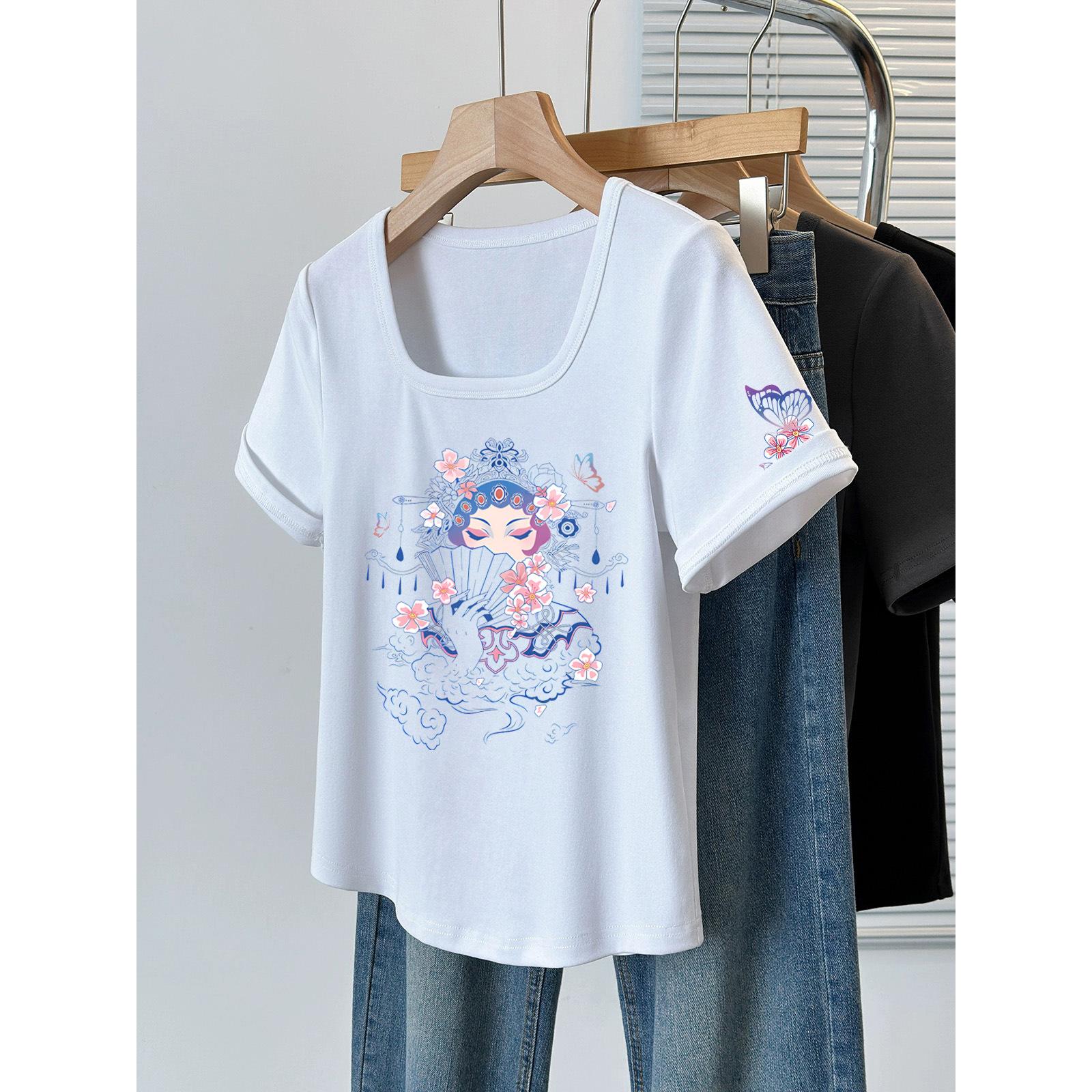 

Large size women s clothing covers the meat and looks thin square neck short-sleeved t-shirt, summer fat sister versatile design sense letter print M [80-60kg]