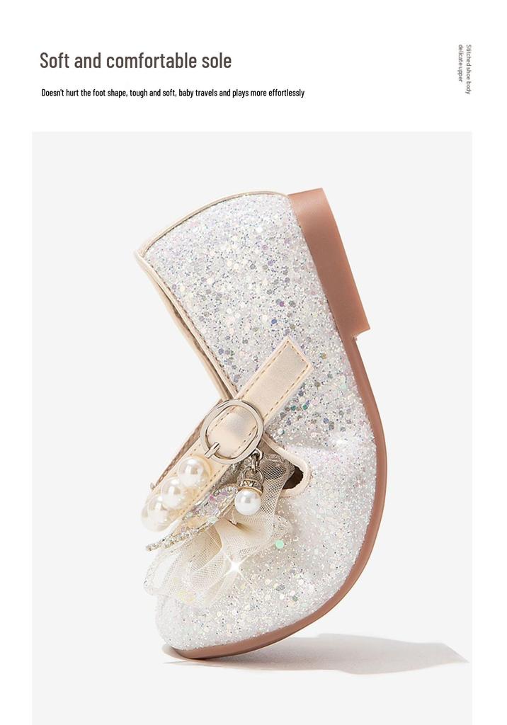 2026 Spring Girls' Princess Leather Shoes with Rhinestone Bow & Soft Sole