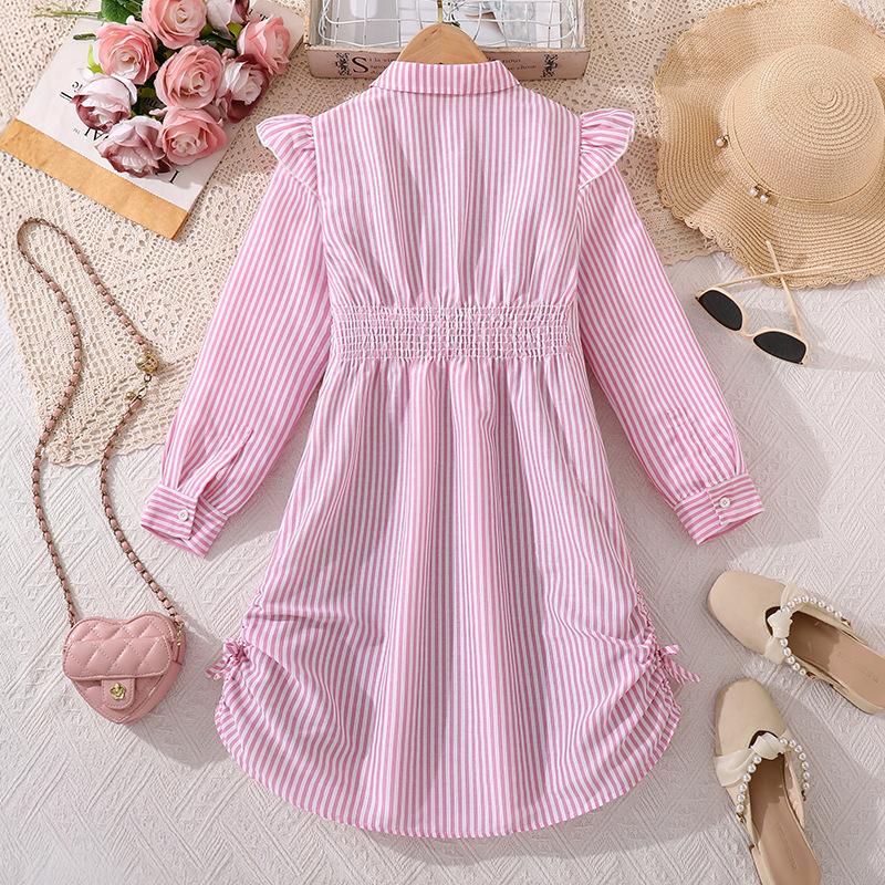 Mädchenkleid Kinderbekleidung Herbst Neu Lässig Lang Gestreift Langarm Taillenbetontes Hemdkleid