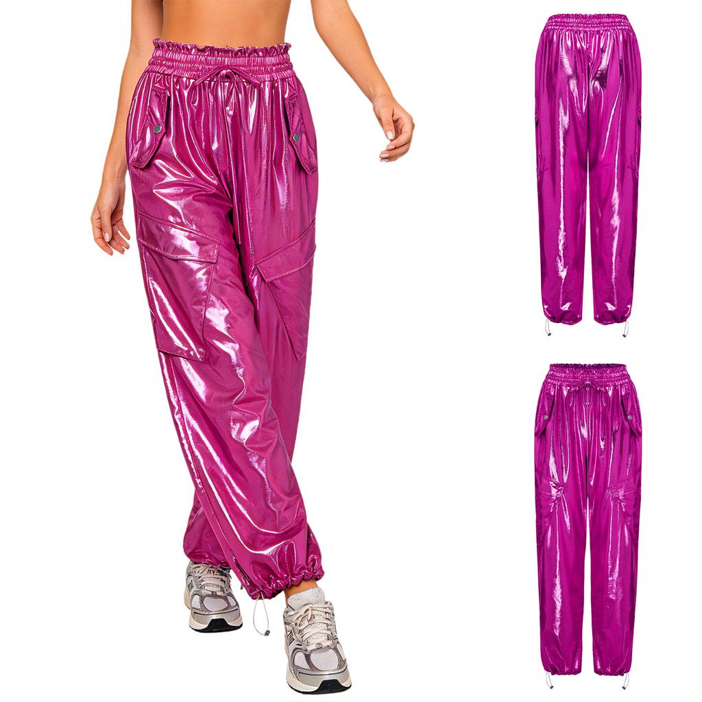 Shiny Metallic Cargo Pants for Women Elastic Waistband with Ruffle Trim Multiple Pockets Jogger Style for Hip Hop Music Stage Outfit