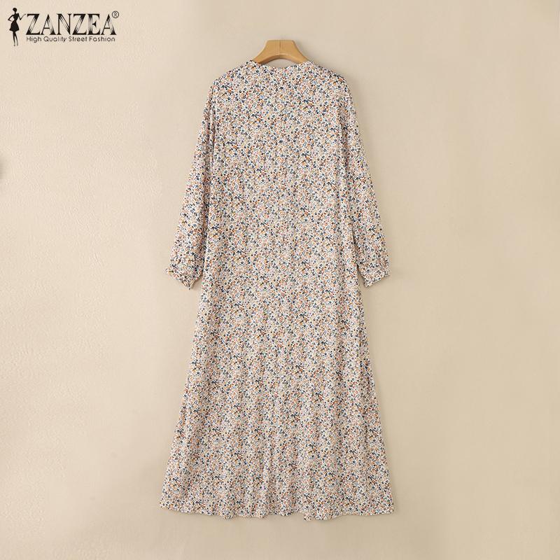 ZANZEA Damen Lässig Rundhals Locker Langarm Blumenmuster Kleid