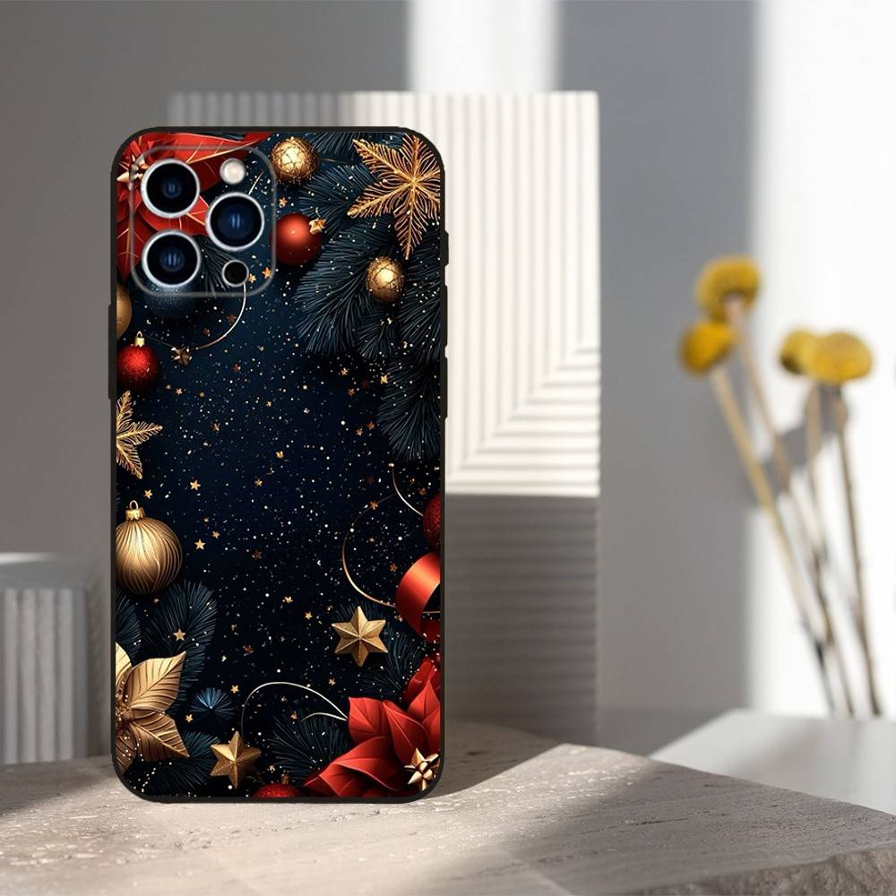 Christmas Art Decorations Phone Case For iPhone 17,16,15,14,13,12,11,Plus,Pro Max,XS,X,XR,SE,Mini,8,7,Soft Silicone Black