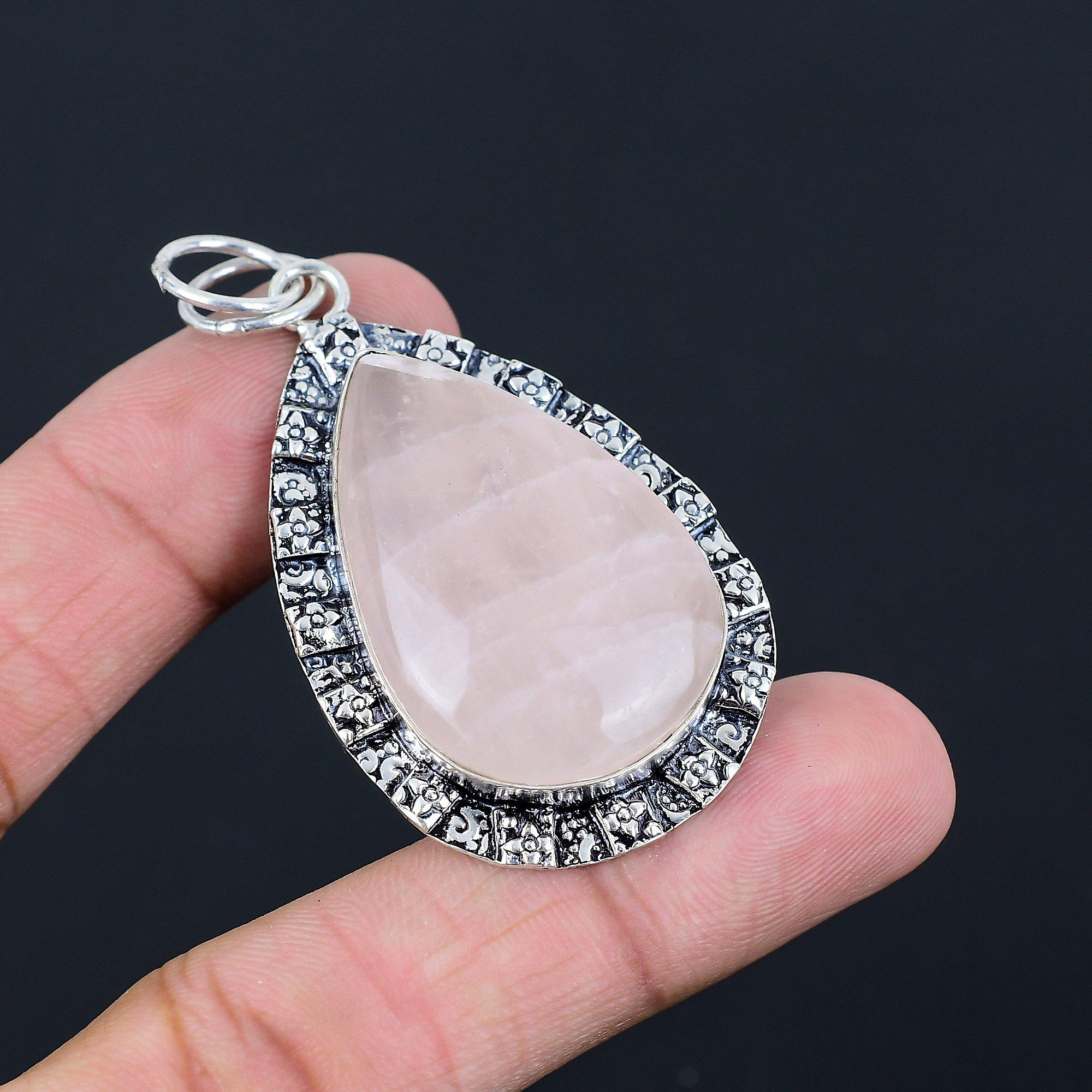 Natural Rose Quartz Gemstone Pendant 925 Sterling Silver Jewelry For Girls
