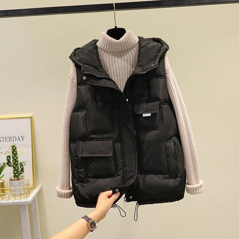 Down Cotton Vest Women's Outer Wear Thick Waistcoat Jacket Loose Zipper Hooded Vest