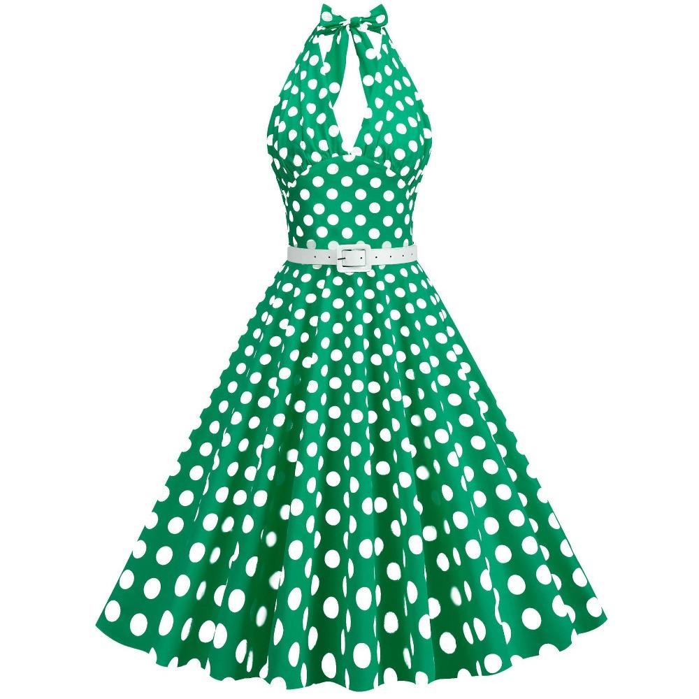 Women's Halter Sleeveless Midi Dress Regular Fit Mid Waist Vintage Polka Dot A Line Swing Dress With Matching Belt