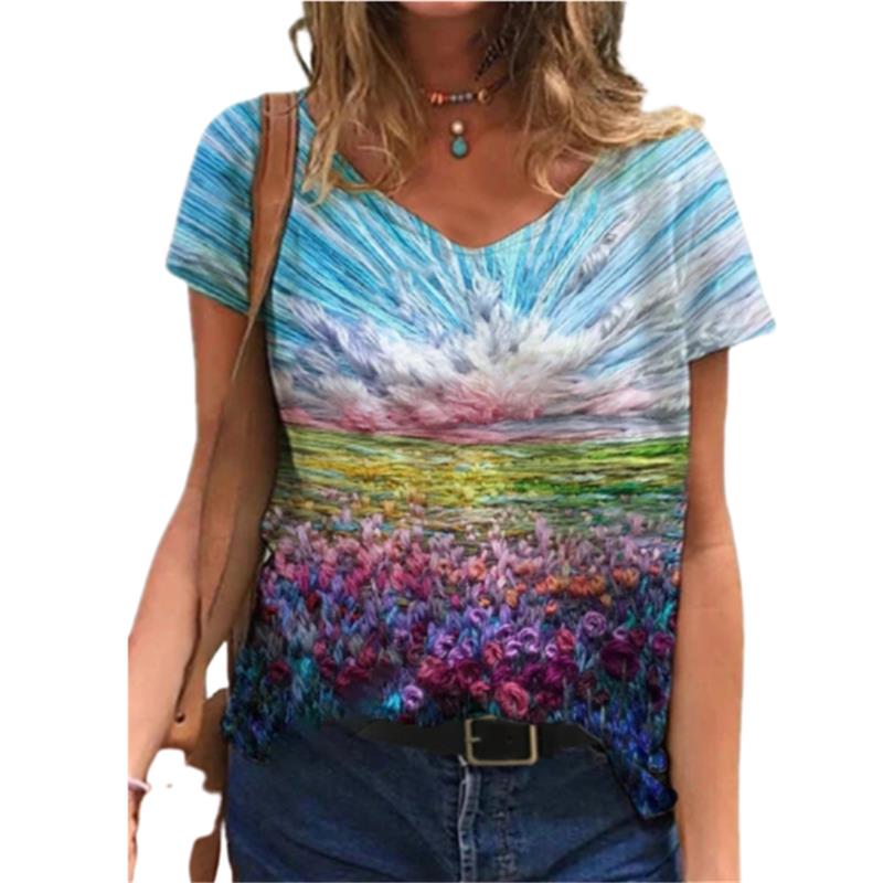 Summer V-neck 3D Floral Print Top Fashionable Casual Short Sleeved Women's T-shirts