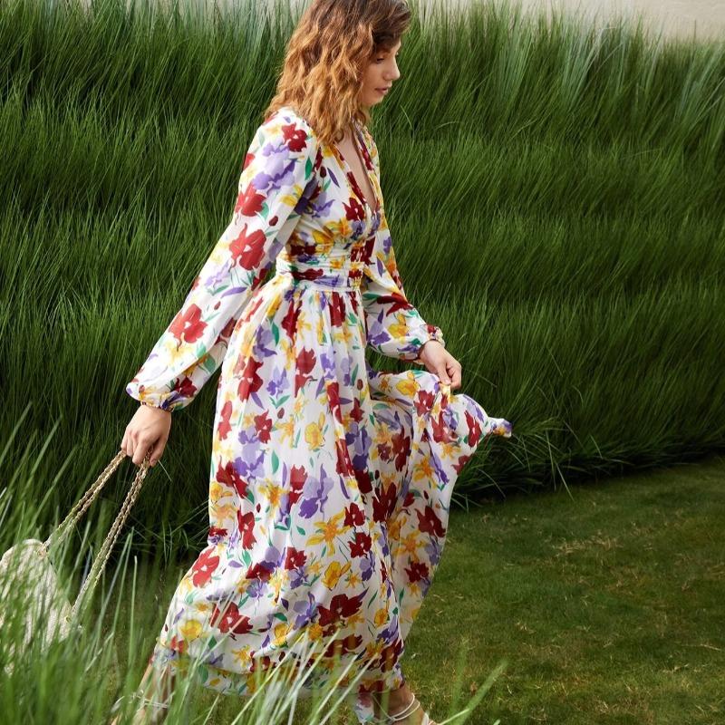 Elegant A Line Vintage Print Floral Dresses Women Summer Fashion Puff Sleeve Women Casual Dress V Neck Party Club Slim High Waist Long Dress 26172