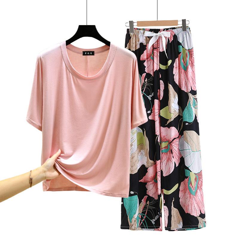 T-shirt girocollo in modal con pantaloni a gamba larga floreali in popeline Set pigiama estivo sottile Tuta casual larga per dormire Loungewear comodo tutto da abbinare