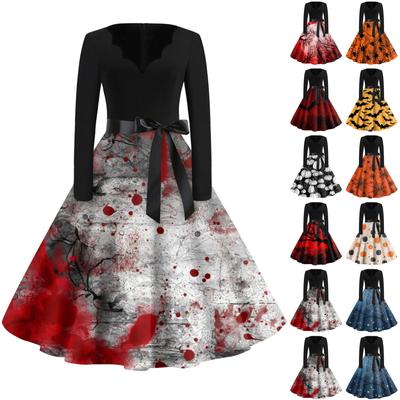 Women's Fashion V-Neck Casual Slim Halloween Printed Long Sleeve Dresses