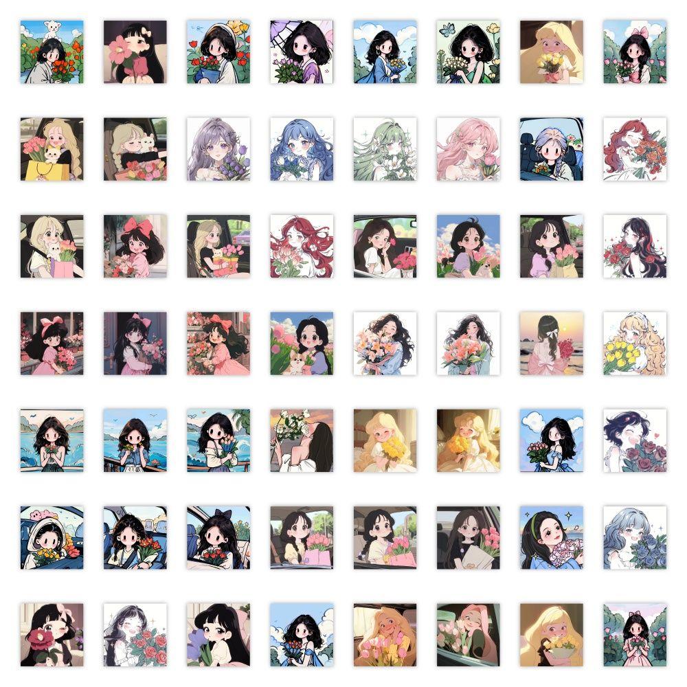 

59 шт. креативных декоративных наклеек с изображением женских мультяшных голов, обнимающих цветы, для рукописных журналов, мобильных телефонов и компьютеров [high definition printing + factory straight hair]