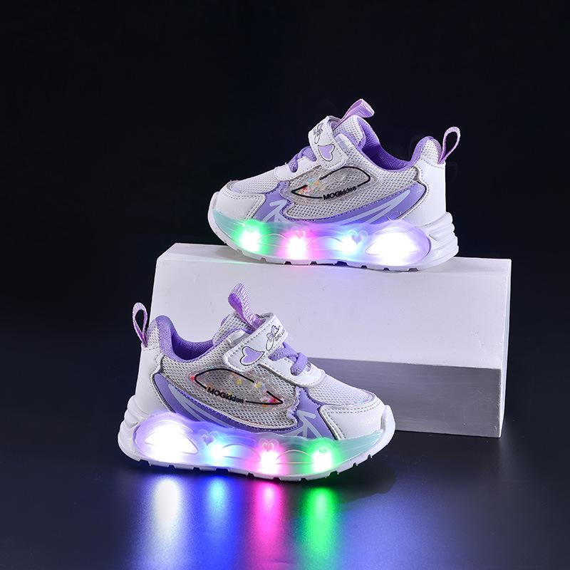 Fashion Kids Sports Shoes Spring New Girl Breath Mesh Shoe Simple Soft Soled Child Casual Shoes Anti Slip Girls LED Light Shoe