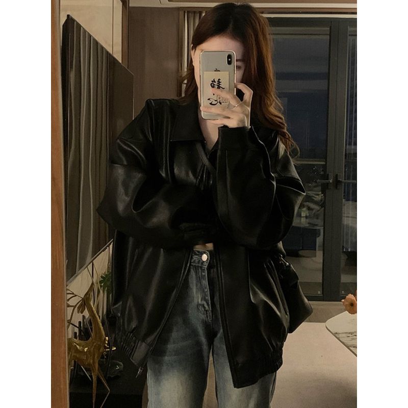 Kumikumi American Vintage Black PU Leather Long Sleeve Outerwear Women Clothes Autumn Elegant All-Match Loose Slimming Top
