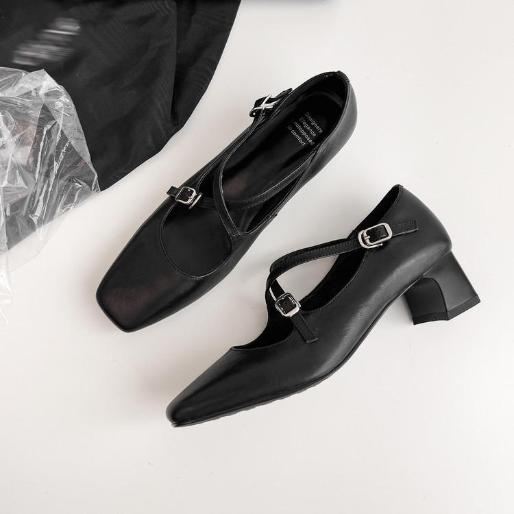 First layer cowhide cross strap Mary Jane shoes 2025 autumn square head thick heel medium heel leather single shoes women