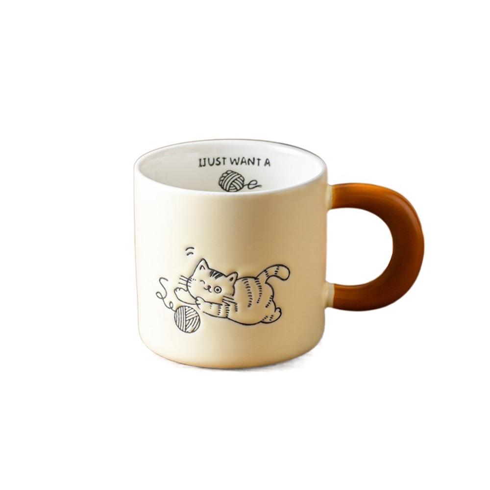 Hand Drawn Ceramic Coffee Cup with Spoon Water Cup with Lid Cartoon Cat Drinkware  Milk