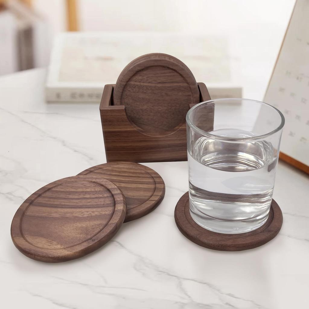 LANGYU Stylish Wooden Coasters, Set of 6, with Storage Case, Natural Walnut Wood Round Coasters, Waterproof, Non-Slip, Insulated Cup Pads, Suitable