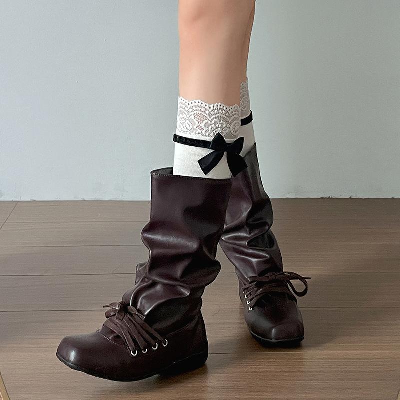 Brown retro versatile square head flat bottom short boots children's summer 2025 new with skirt pleated western pile boots