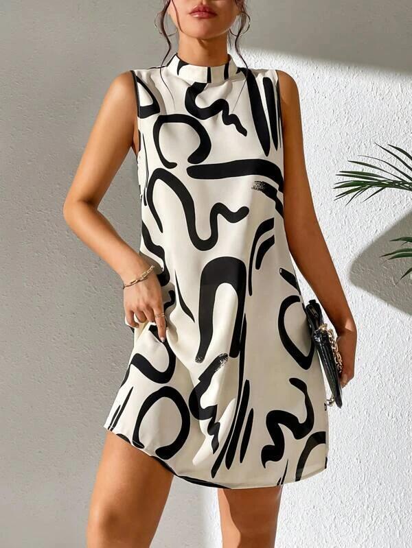 Women's High Neck Sleeveless Abstract Print Loose Fit Mid Waist Casual Mini Dress A Line Dress
