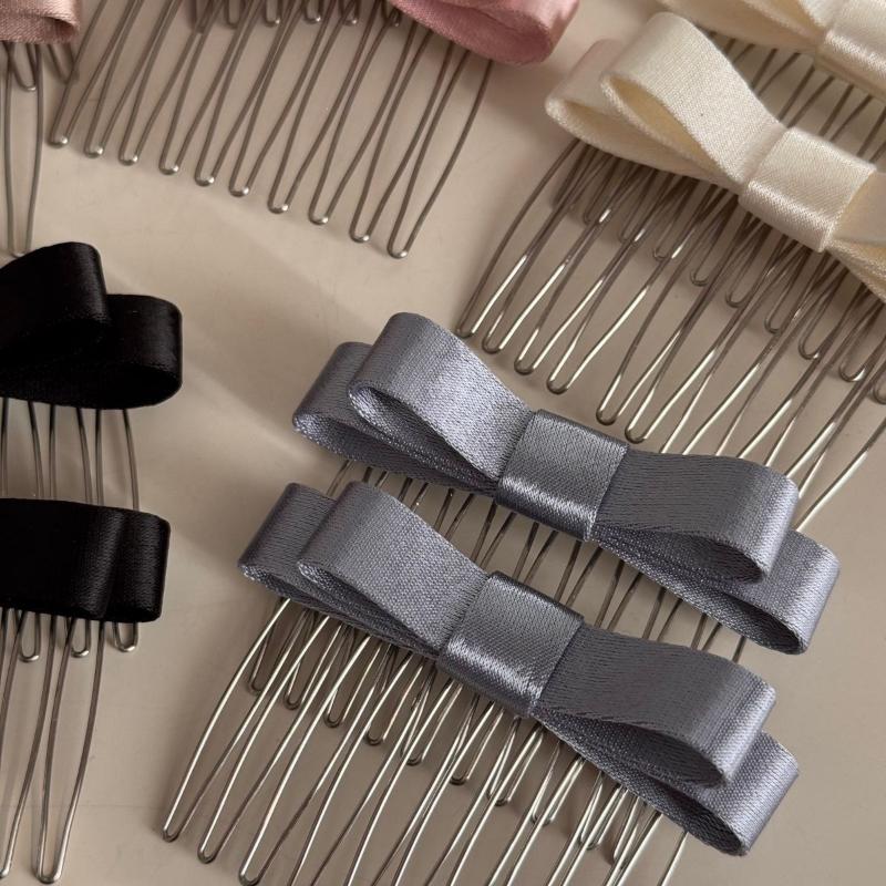 Satin Bow Hair Comb Set With Non Slip Teeth Multi Color Options For Daily Party Wedding Hair Styling