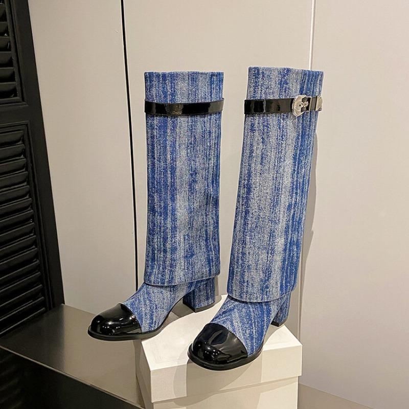 Módní značka Hovězí kůže+denim Kožená přezka Dlouhé kozačky Podzim Zima Kořeněné dívky 5,5cm Vysoké podpatky Módní Kozačky po koleno Dámské Denimové kozačky 44