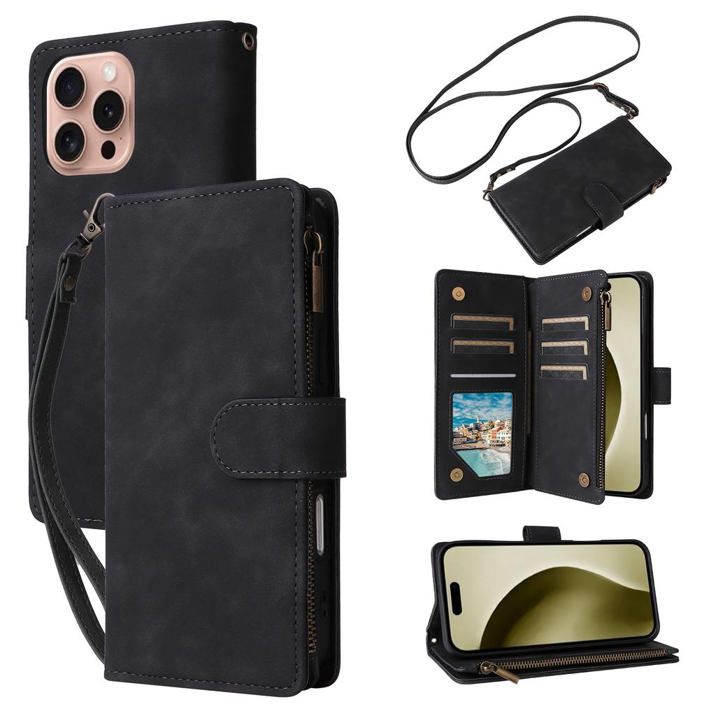 For iPhone 16 Pro Case Zipper Multi-Pocket Wallet Leather Phone Cover with Shoulder and Wrist Straps