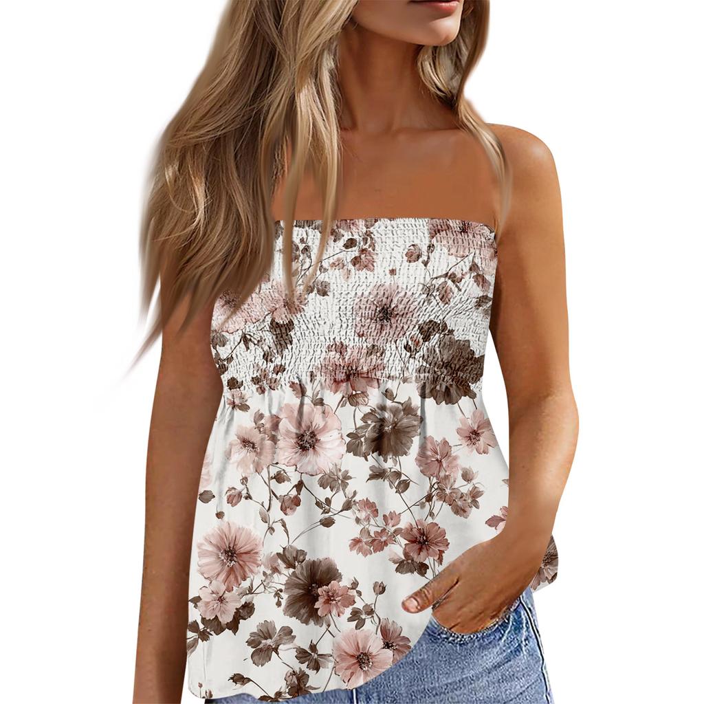 Women's Fashionable And Sexy Backless Elastic Floral Print Strapless Slimming T-shirt Top