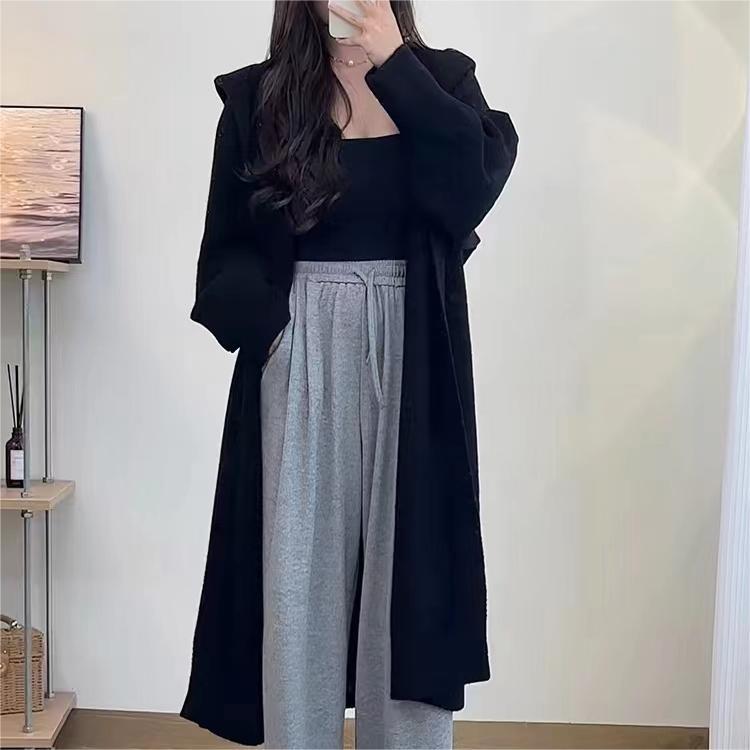

Korean Lazy Style Loose Solid Color Hooded Thick Knitted Cardigan Women s Long Autumn And Winter New Sweater Coat Coat One Size чорний