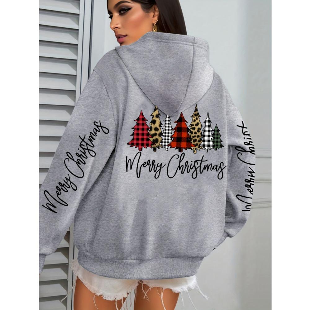 Merry Christmas Leopard Plaid Trees Prints Women Hoodies Loose Hoody All-Match Pocket Pullovers Autumn Hip Hop Streetwear