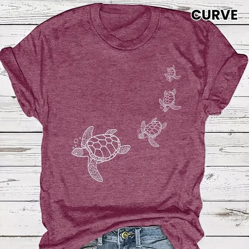 Women Summer T Shirt  Print Turtle Print  Short Sleeve Tees Casual   Printed  Tops