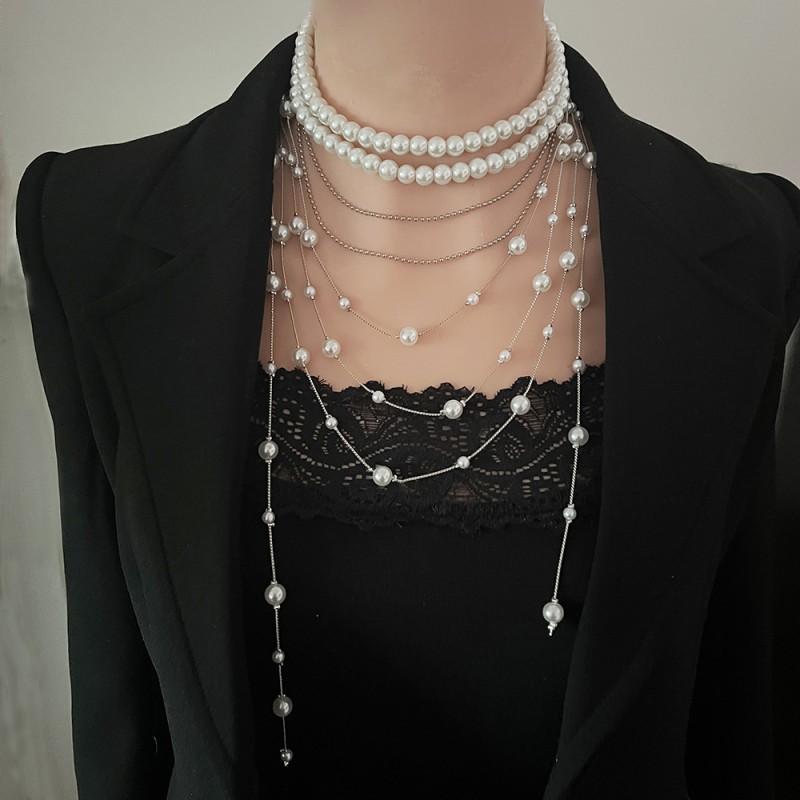 Multi-Layer Starlight Pearl Necklace With Tassel Pendant Elegant Choker Women Fashion OL Style Handmade Artificial