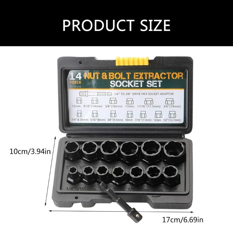 14Pcs Bolt & Nut Remover Set Steel Bolt Remover Damaged Extractor Tool Set with Solid Storage Case for Industrial