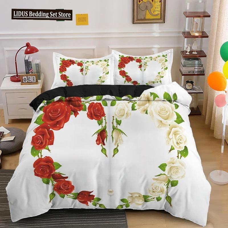 Rose Duvet Cover Collection Red And White Rose Bedding Collection For Lover Couple Polyester Comforter Cover ValentineS Day Gift King Size