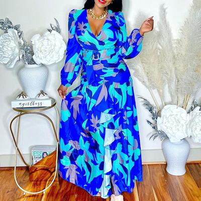 Nouă colecție de primăvară îmbrăcăminte europeană și americană pentru femei rochie retro cu imprimeu decolteu adânc split bodycon rochie rochie robe femei