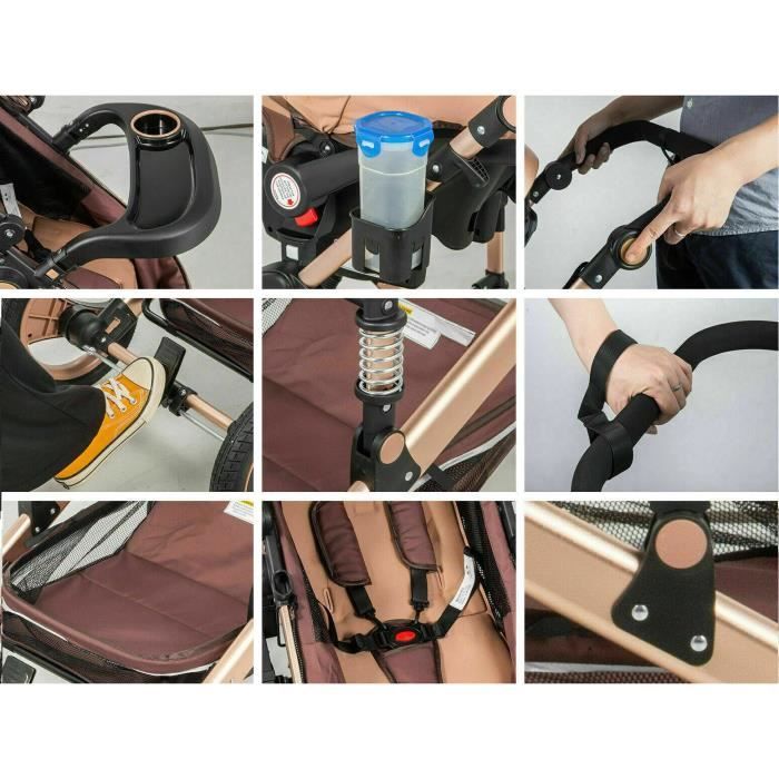 Brown 3-in-1 Trio Pack Baby Pram Shock-Absorbing High Chassis Foldable Reversible Car Seat Puncture-Proof Wheels