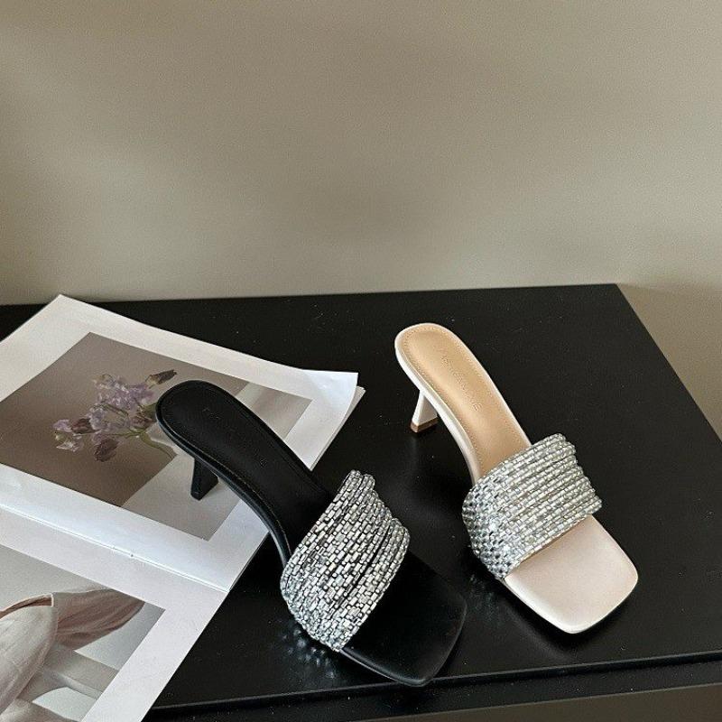 Fashion 2024 Women's Sandals Summer Crystal Belt High Heels Black Women's Slippers Sexy Luxury Square Toe Party Sandals
